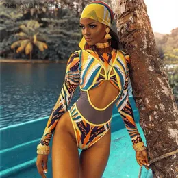 Damenbadebekleidung Sexy Langarm-Badeanzug Einteilige afrikanische Badebekleidung mit hoher Taille Badeanzug Weiblicher Netz-Schwimmanzug für Frauen Reißverschluss Monokini T230606