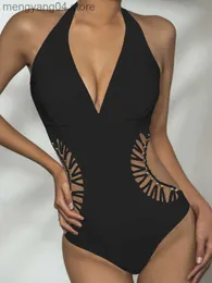 Kvinnors badkläder 2021 Black One Piece Swimsuit Women Swimewear Sexy V Neck High Cut Swimming Female Monokini Bodysuit Beach Bathing Suit Swim T230606