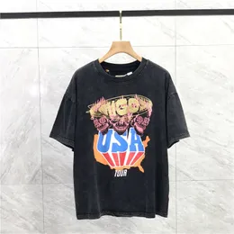 23SS Pamuk Tişört Plus Boyut Tee Yaz Tur ABD Tur Altın Baskı Yüksek Sokak Vintage Kısa Kollu Moda Erkekler Tshirt