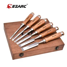 Beitel Ezarc Set 6 scalpelli per legno per la lavorazione del legno in acciaio CV con manico in noce in scatola di legno premium