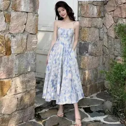 Casual Dresses Summer Sexy Dress For Women 2023 French Blue Oil Painting Beach Long Cinched Waist Tight Floral Slip