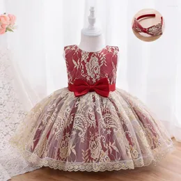 Girl Dresses Luxury Party Dress For Kids Girls Children Sleeveless Lace Printed Ball Gown With Bow Babies Elegant 1st Birthday