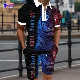 Mens Tracksuits Cool the Tiger 3D Printed Polo Shirtshortssuit Summer Summer Lisorsleeved Animal Sportswear Twopiece 230605