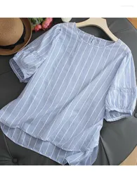 Blusas femininas Lamtrip exclusivas curtas manga bufante pulôver com decote em O camisa listrada camiseta superior 2023 verão Mori