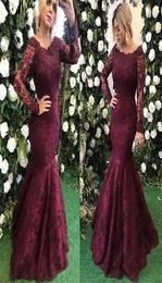 Burgundy Lace Mermaid Mother of the Bride Dresses Pearls Beading Neck Long Sleeve Floor Length Wedding Party Formal Evening Gowns 1481567
