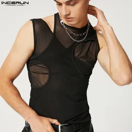 Men's Tank Tops Men Tank Tops Hollow Out Mesh Transparent Streetwear Solid O-neck Sleeveless Vests Sexy Party Nightclub Tops INCERUN S-5XL 230605