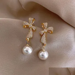 Dangle Chandelier French Light Luxury Gold Tip Flower Pearl Stud Earrings For Women Korean Zircon Exquisite Earring Party Christma Dhgp2