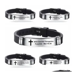 Charm Bracelets Trendy Cross Jesus Scripture Quote Bracelet Christian Bible Verse Inspiring Faith Stainless Steel Sile Wristband Dro Dhdrp