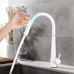 White Touch Sensor Kitchen Faucets Pull Out Smart Mixer Tap 2Ways Sprayer Kitchen Faucet 360 Rotation Cold Water Taps Crane249U