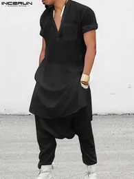 Erkek Trailtsits Incerun Erkekler Setler Set Vintage Müslüman Giyim Stand Yakası Uzun Kollu Gömlek Drop Dropcrotch Pantolon 2 PCS SADECE KURUT S5XL 230605