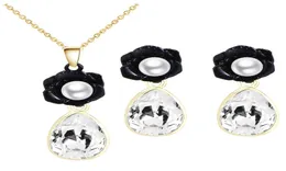 Brincos de colar de cristal em forma de lágrima de flor preta conjunto de joias de noiva de alta qualidade joias baratas para mulheres 800063967802