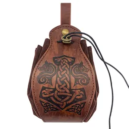 Unisex Medieval Vintage Money Pouch Bag Phoenix Wolf Totem Waist Belt Costume Props Viking Leather Drawstring Bag Coin Purse