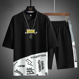 Tracksuits Summer Short Sleeve Fashion Printed O-Neck T-shirt+Elastic Waist Shorts 2 Pierce Set Loose Casual Men's Wear P230605