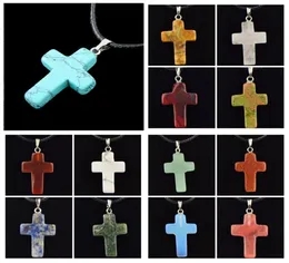 pretty Cross Leather Necklace Jewelry Cheap Healing Crystals Rope Necklaces Natural Stone Pendants Cross pendants whole Stone 7714365
