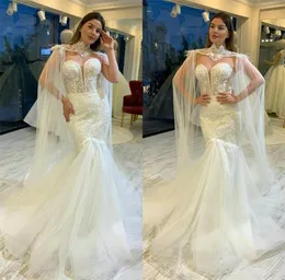 Luxury Mermaid Wedding Dresses With Shawl Sweetheart Feather Beaded Lace Appliqued Chapel Wedding Dress Custom Made Robe De Mariee2768470