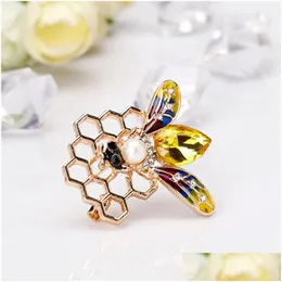 Pins Brooches Crystal Enamel Honeycomb Bee Brooch Pin Business Suit Tops Rhinestone Cor For Women Men Fashion Jewelry Drop Delivery Dhxup
