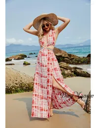 Sukienki swobodne seksowna sukienka z paskiem dzielona bohemian drukowana włoski makaron duży huśtawka 2023 Summer Women Maxi Holiday Long