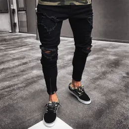 Mens Jeans Fashion Ripped Skinny Destroyed Frayed Slim Fit Denim Pant Zipper Design Straight Hip Hop Black Trousers 230606