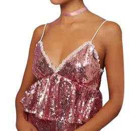 الدبابات CAMIS Womis's Sexy Sexy Sequin Farnlicling Crop Crott Counter Strap Glow Rale Camisola Tank Top Party Clothing P230605