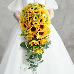 Decorative Flowers Sunflower Waterfall Wedding Bridal Bouquet Bridesmaid Hand Tied Artificial Flower Festive Party Home Christmas Supplies