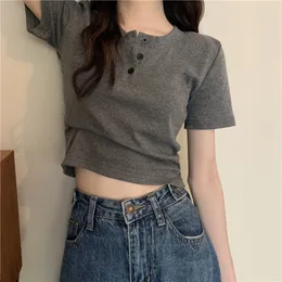 Women's T-Shirt women t-shirt open button short Sleeve Crop Top Ladies Clothing Solid Basic T Shirt Casual Skinny White Slim Female Tops 230606