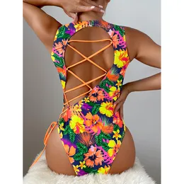 Swim Wear Random Tropical Floral Swimsuit For Women Lace Up Backless Swimwear 2023 Bathing Suit Trikini Triquini Mulher 230605