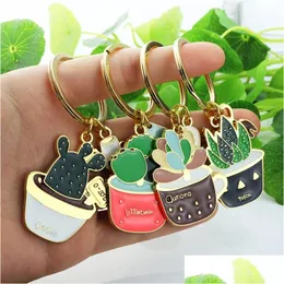 Keychains Lanyards Lovely Cactus Women Potted Succent Plants Shaped Keychain Ring Gold Car Key Chains Good Gift For Friend Drop De Dh8An