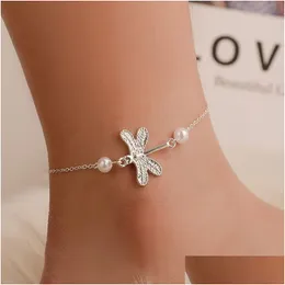 Anklets Fashion Sier Plated Dragonfly Ankle Bracelet Minimalist Woman Anklet Anniversary Gift For Girlfriend Exquisite Accessories D Dhdxj