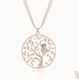 Pendant Necklaces Small Owl Tree Of Life Necklace For Women Rhinestone Rose Gold Sweater Chain Long Statement Jewelry Bijoux Drop De Dhdoj