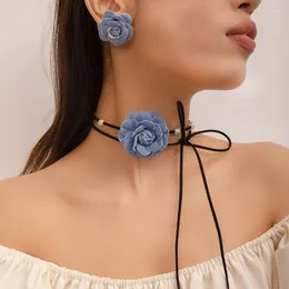 Choker Flower Lace-up Necklace With Earrings Denim Camellia-Bead Clavicle Chain Dropship