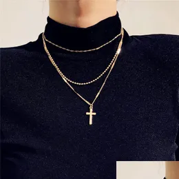 ペンダントネックレスMtilayer Juses Cross Necklace Gold Chain Chokers Woomen Fashion Jewelry Will and Sandy Drop Delivery Pendants Dhbei