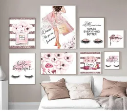 Paintings Painting Wall Picture Modern Girl Room Home Decoration Pink Flower Perfume Fashion Poster Eyelash Lips Makeup Print Canv4012481
