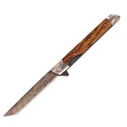 New A2366 Flipper Folding Knife 3Cr13Mov Laser Pattern Tanto Point Blade Wood/Steel Sheet Handle Ball Bearing Fast Open EDC Pocket Knives with Leather Sheath