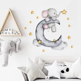 Cartoon Grey Baby Elephant Moon Gold Stars Wall Stickers Nurrerry Wall Decals For Kids Room Girl Boy Room Dekorativa klistermärken