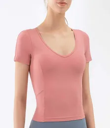 A053 V-Neck Yoga Tops Short Sleeve 여성 티셔츠 여성 슬림 피트니스웨어 러닝 요가 슈트 단색 통기성 체육관 옷 티 셔츠 7994139