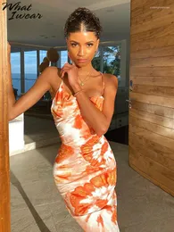 Casual Dresses Whatiwear Orange Gradient Printed Bright Beach Style Halter Sexy Wrap Hip Tie Backless Women's Dress Summer Seaside