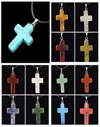 Pretty Cross Leather Necklace Jewelry Cheap Healing Crystals Rope Halsband Natural Stone Pendants Cross Pendants Whole Stone 6497147