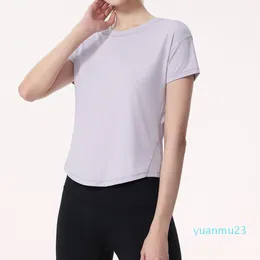 Lulus-20 요가 복장 새로운 요가 정장 신속하게 기술 여성 스포츠 짧은 슬리브 티셔츠 수분 흡수 및 땀 사악한 니트 고 탄성 피트니스