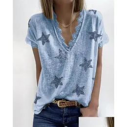 Women'S T-Shirt Lace V Neck T Shirt Tops Start Print Loose Shirts Tees Summer Women Clothing Will And Sandy Drop Delivery Apparel Wom Dhckb