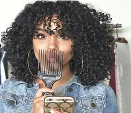 Kinky Curly with Bangs Full Lace Human Wig For Black Woman Indian Afro Kinky Curly Lace Front Virgin Hair Wig Curto Curly Wig1499906