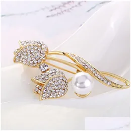 Pins Brooches Crystal Gold Tip Brooch Pin Business Suit Tops Cor Pearl Rhinestone Flower For Women Men Fashion Jewelry Drop Delivery Dhcwz