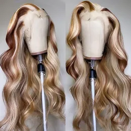 Peruansk hårblondhöjd spetsar främre peruk kroppsvåg 13x4 spets frontala peruker honung blond färgade syntetiska cosplay peruker för svarta kvinnor