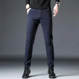 Byxor 2022 Nya herrbyxor Slim Casual Pants i full längd Borstat tyg Business Stretch Trousers Male Black Blue Pantalones 38