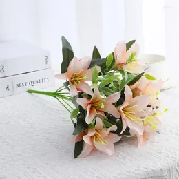 Decorative Flowers Artificial 10 Head Lily Fake Silk Bouquet Wedding Table Decoration Party Event Layout Home Living Room Floral