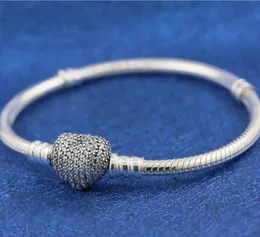 925 Sterling Silver Moments Pave Heart Clasp Snake Chain Bracelet Fits For European Bracelets Charms and Beads4664792