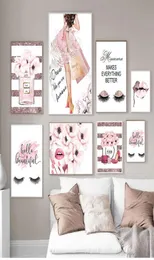 Paintings Painting Wall Picture Modern Girl Room Home Decoration Pink Flower Perfume Fashion Poster Eyelash Lips Makeup Print Canv5873129