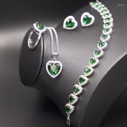 Necklace Earrings Set Funmode 4pcs Fashion Green Cubic Zircon Heart Shape Pendants For Women Bridal Accessories Wholesale FS106