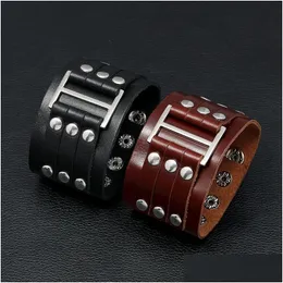 Bangle Rivet Wide Leather Cuff Mtilayer Wrap Button Adjustable Bracelet Wristand For Men Women Fashion Jewelry Black Drop Delivery Br Dhhzt