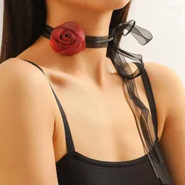 Choker KMVEXO Cool Retro Red Black Dinner Party Cute Flower Long Ribbon Collar Sexy Neck Band Necklace For Women Girls Jewelry