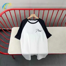 Casual Men Women Par Lovers Classic Cursive Brodery Rhude Raglan T Shirts Top Quality Cotton Rhude Tee Inside Tag R17U